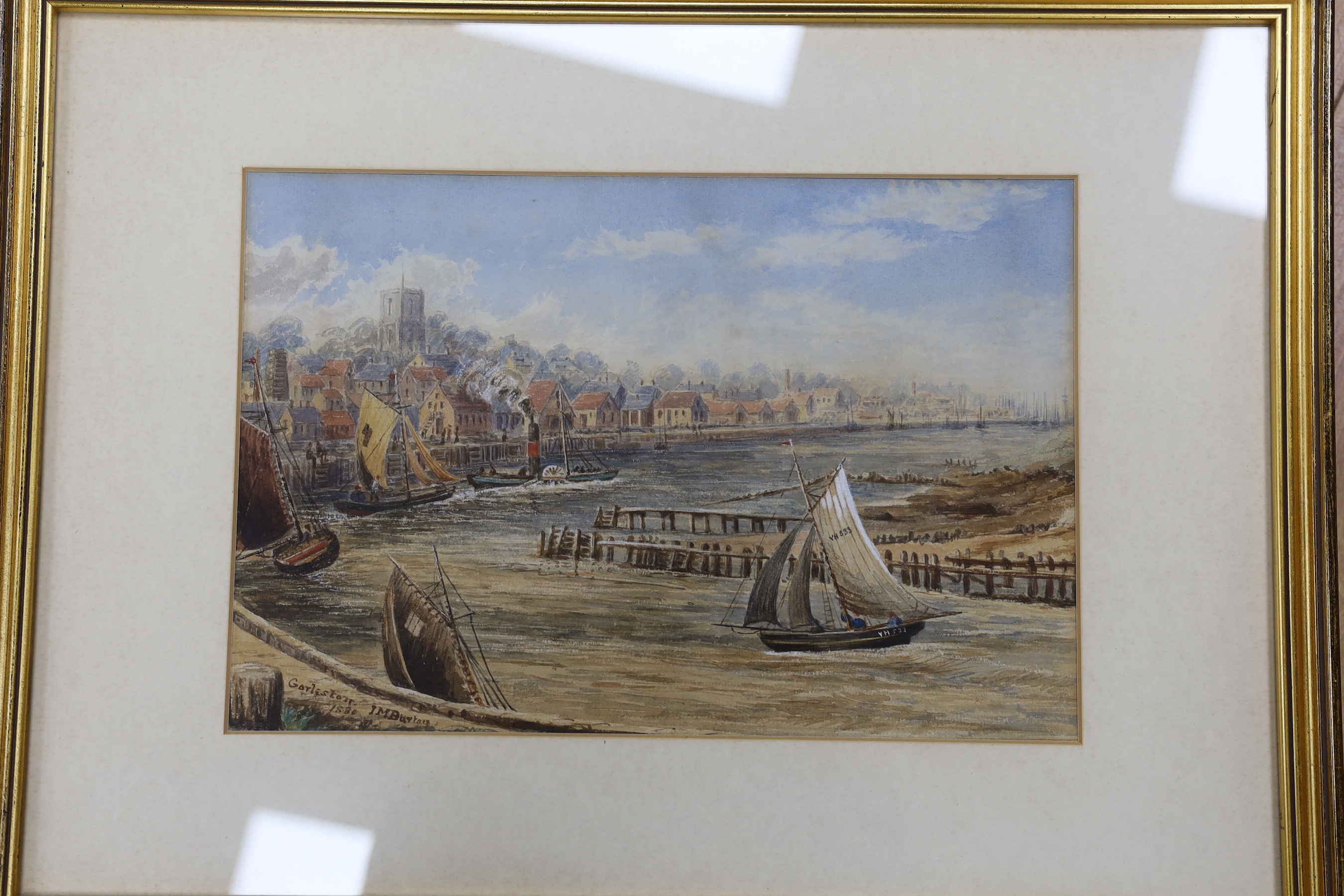 I.M. Burton (19th century), pair of watercolours, 'Gorleston' and 'Gorleston Pier', signed, one dated 1880, 22 x 32cm, and J.M. Burton (19th century), two watercolours, 'Ruined castle' and 'Abbey', signed and dated 1880,